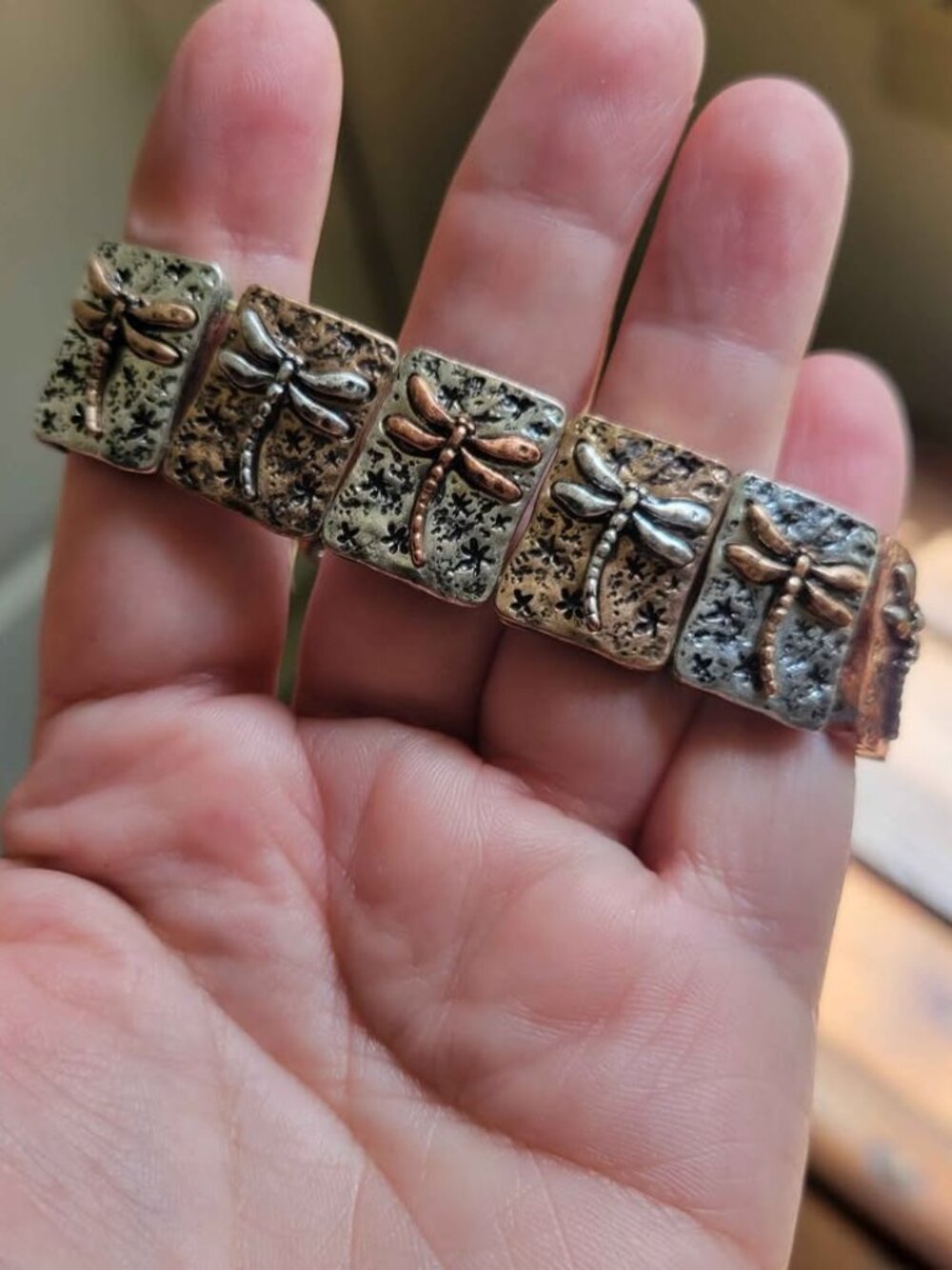 Dragonfly Stretch Bracelet Antique Silver, Brass, Copper Plated Metal Tiles